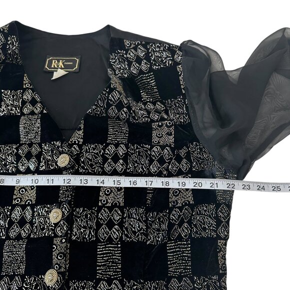 VINTAGE 90' R&K Evenings Black & Gold Sheer Sleeve Buttoned Blouse SZ X-Large - Picture 4 of 13